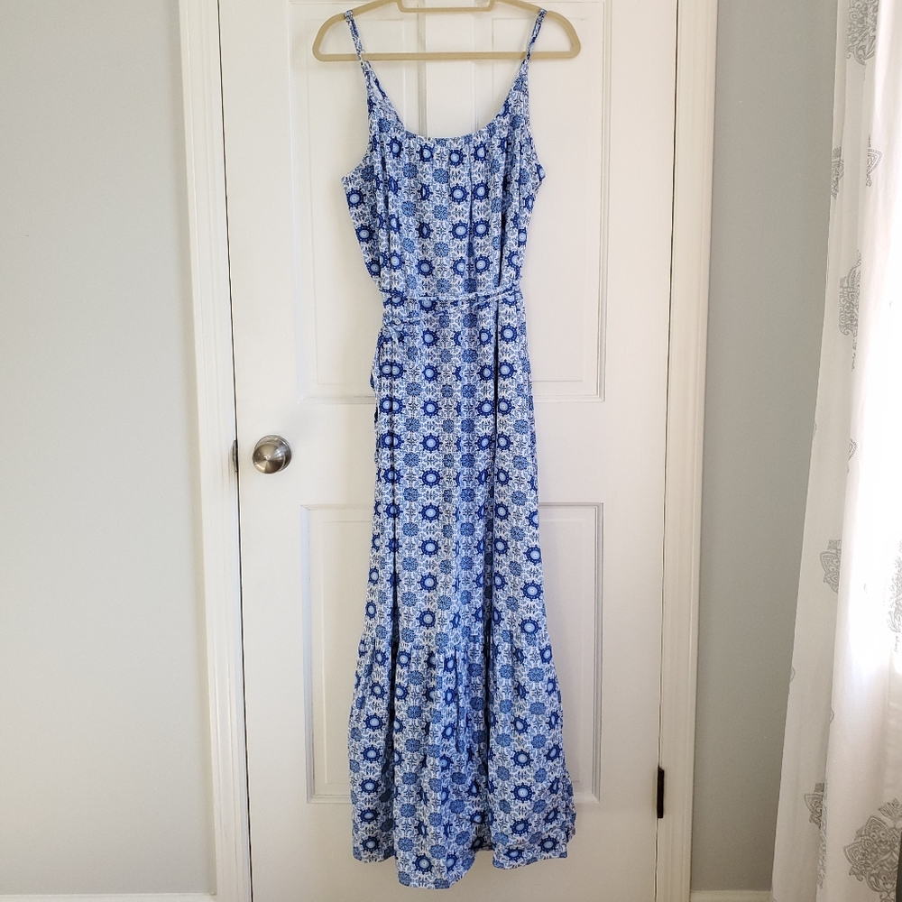 LOFT Blue and White Strappy Flounce Maxi Dress Size Large - Picture 3 of 16